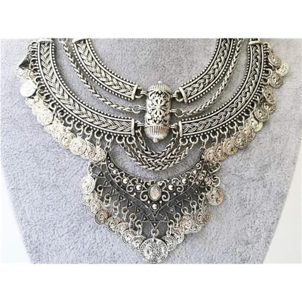 Women Vintage Bohemian Silver Gypsy Bib Chunky Festival Statement Coin Necklace